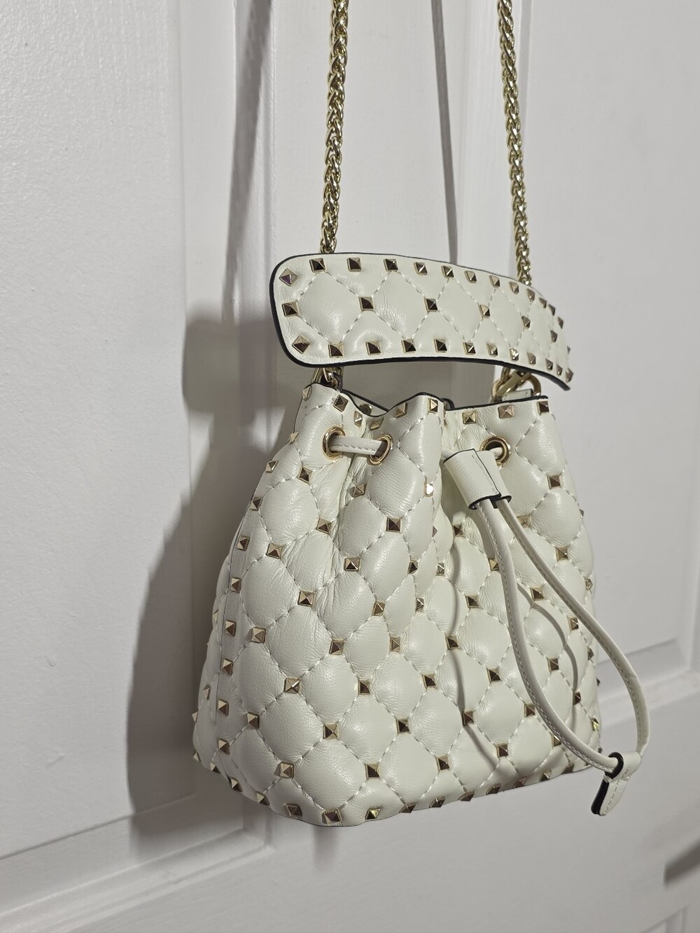 Off White Quilted Studded Drawstring Shoulder Bag - Picture 6 of 13